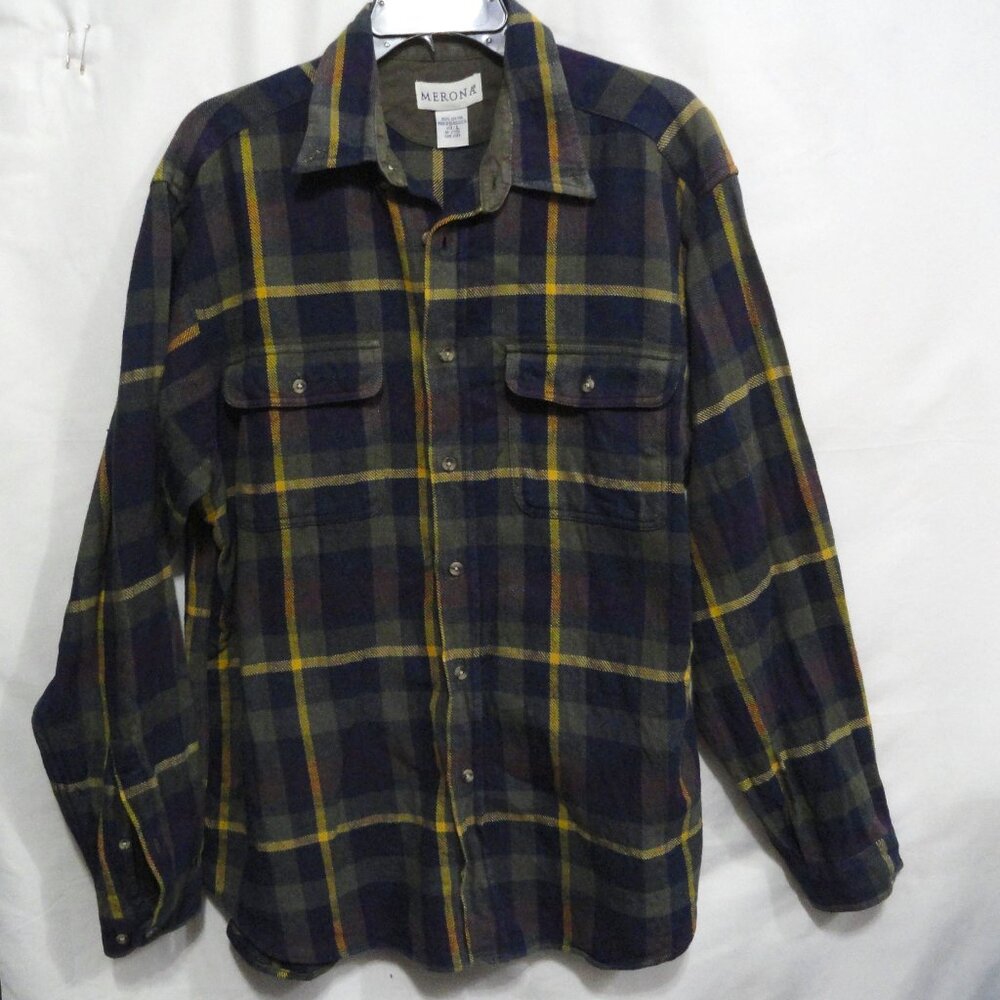 Merona Plaid Flannel Thick Outdoor Blue Green Purple Button Down Mens Size Large